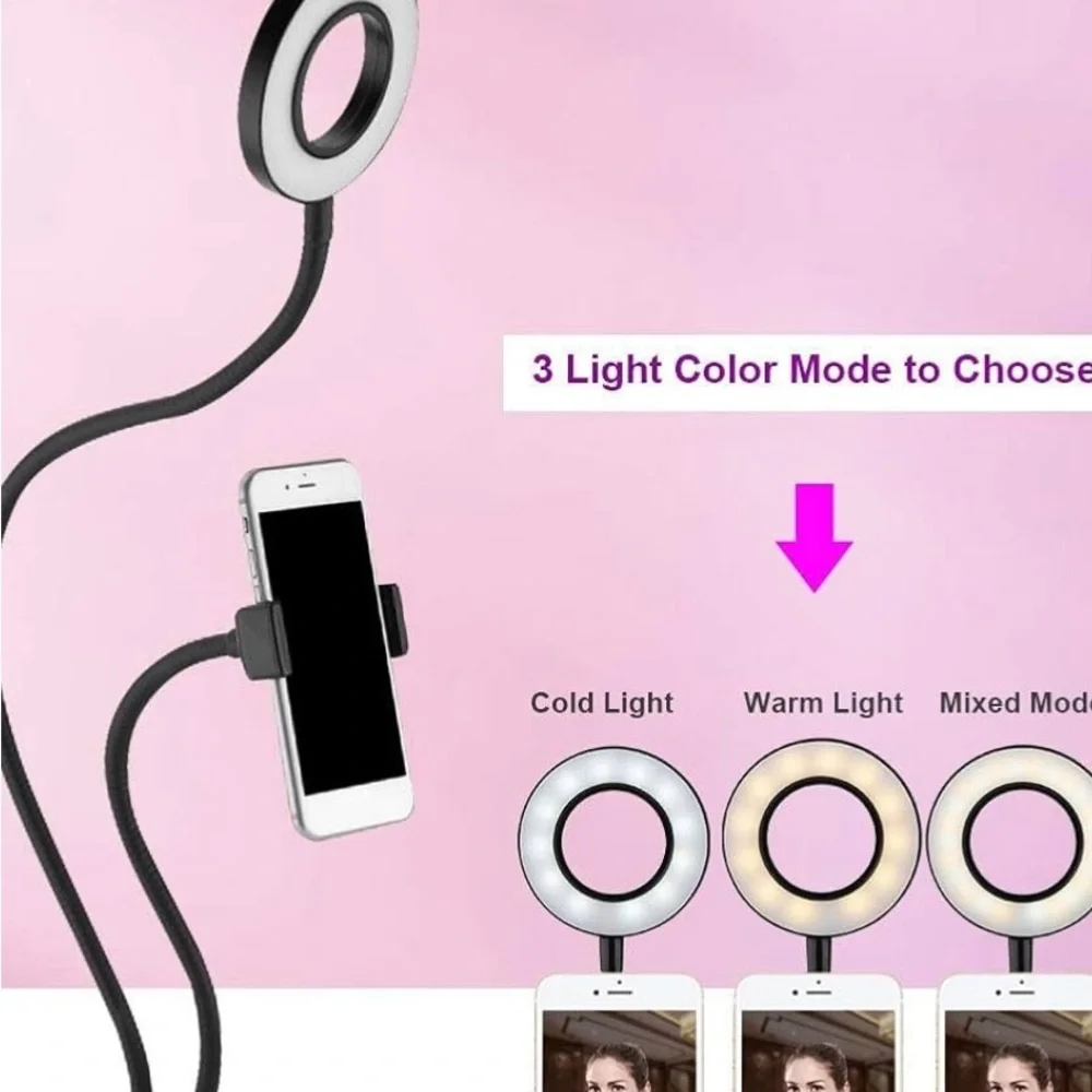 Goose Neck Selfie Light Phone Holder- Clamps to table- 3 Light Modes-360’ Rotate